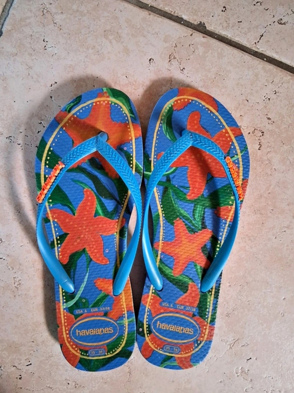 Havaianas Slim Tropical Starfish Flip Flops Blue & Red US 5/6